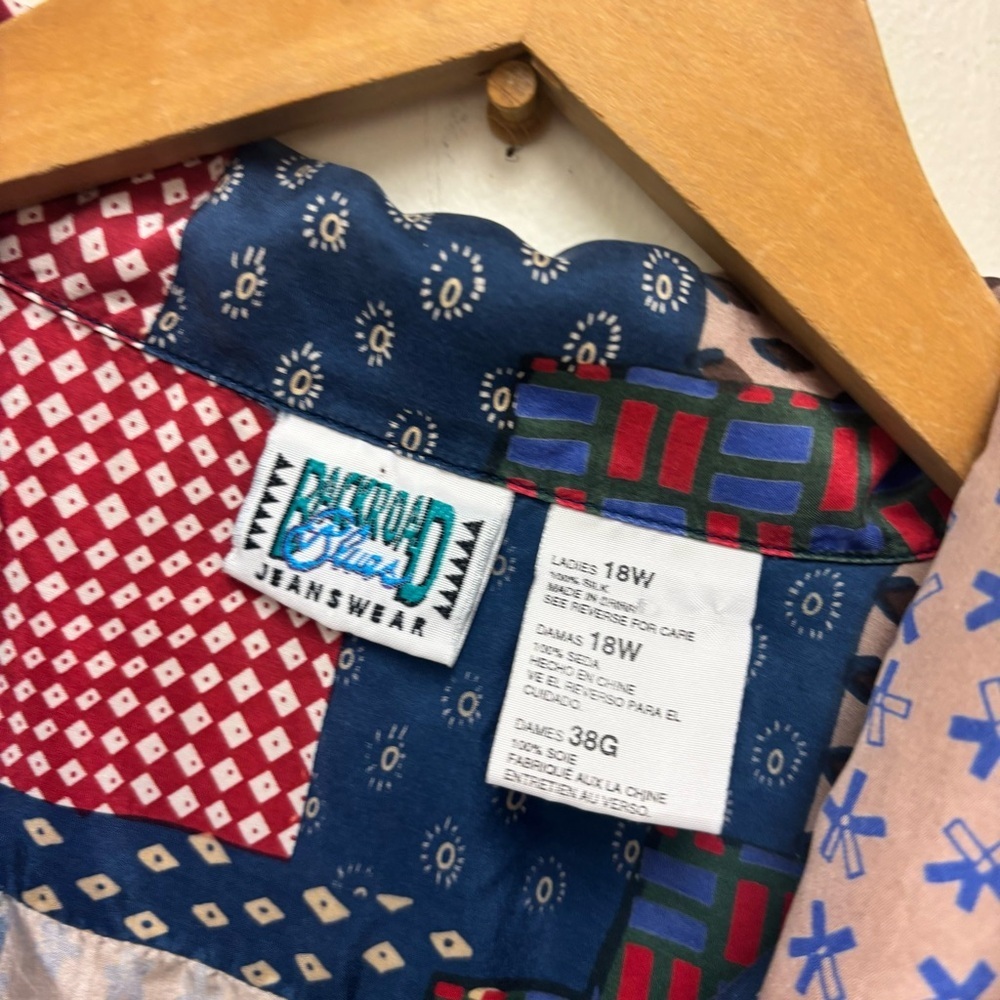 Vintage Backroad Blues Patchwork Silk Blouse - Picture 7 of 8